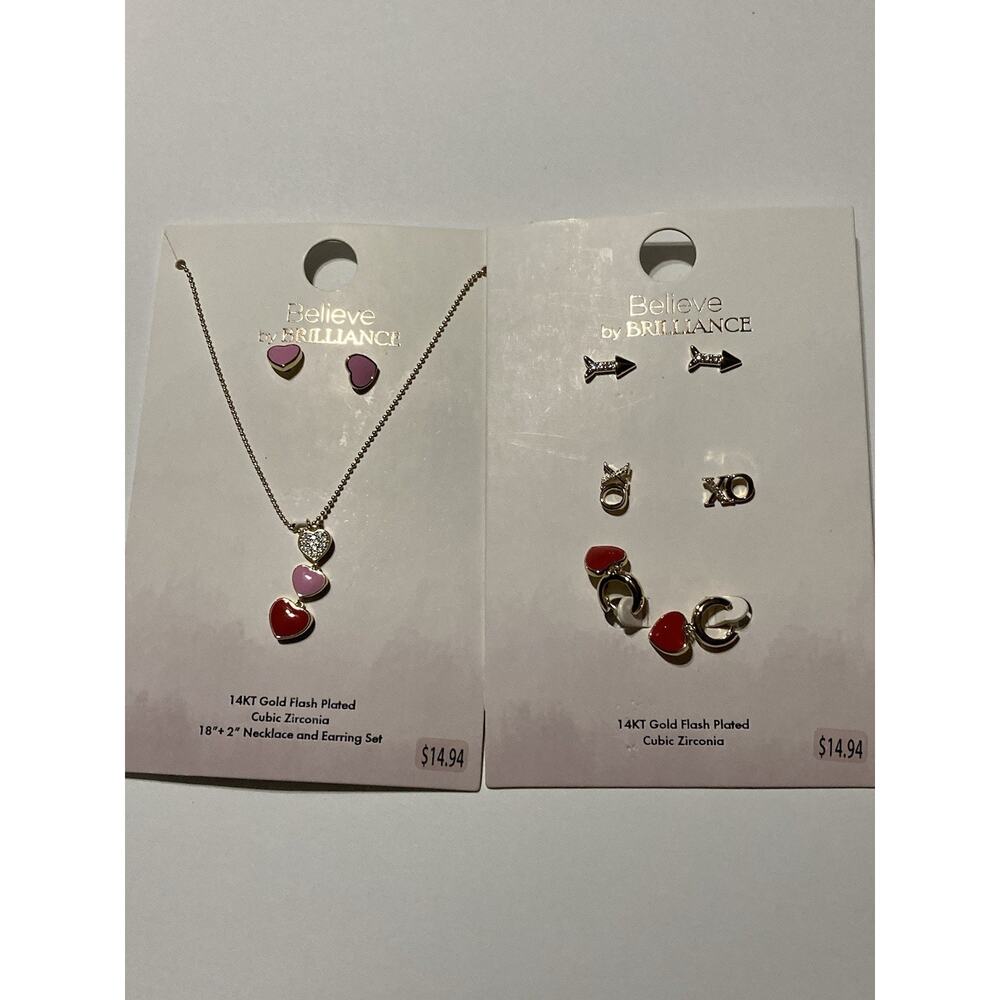 Believe By Brilliance Sets NEW Necklaces Earrings Lot Of 2 Pink Red Hearts Gold